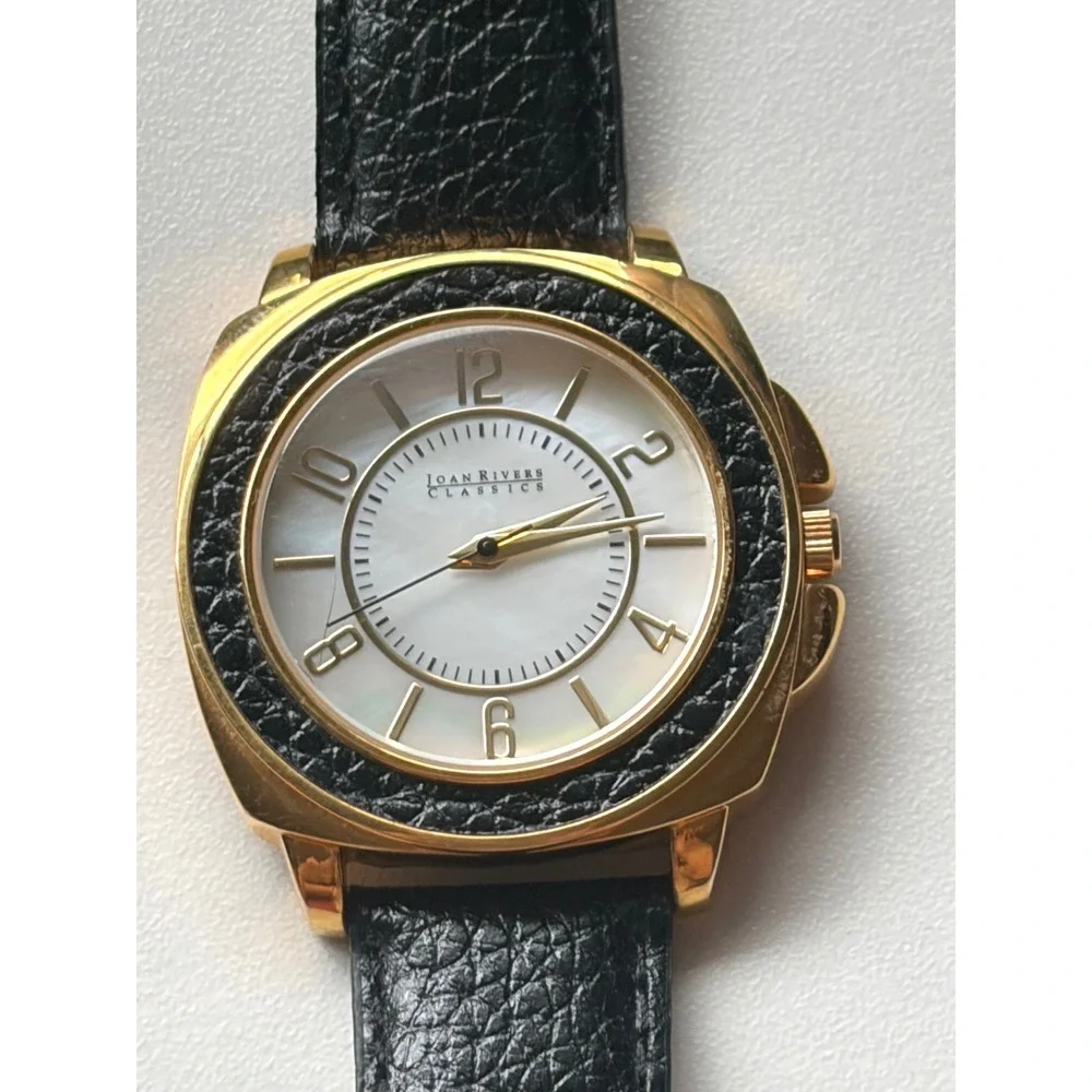 Vintage Joan Rivers Classics‎ Watch Gold Tone Mother of Pearl Dial Black Leather